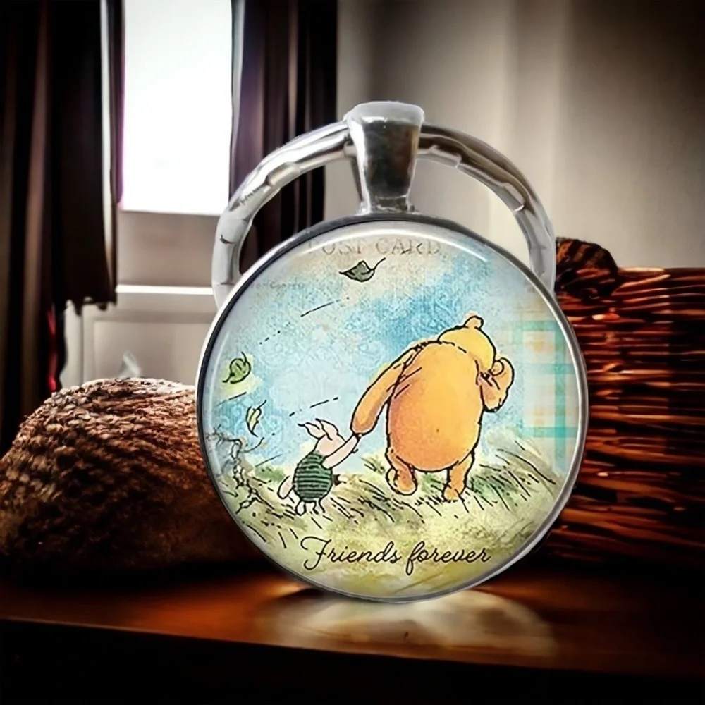Winnie The Pooh Keychain Friends Forever Round Pendant Keyring Pooh Piglet